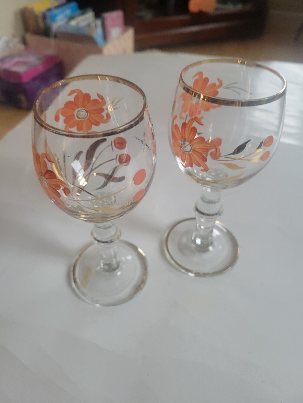 Set of 2 Hand-Painted Floral Wine Glasses - Orange & Gold